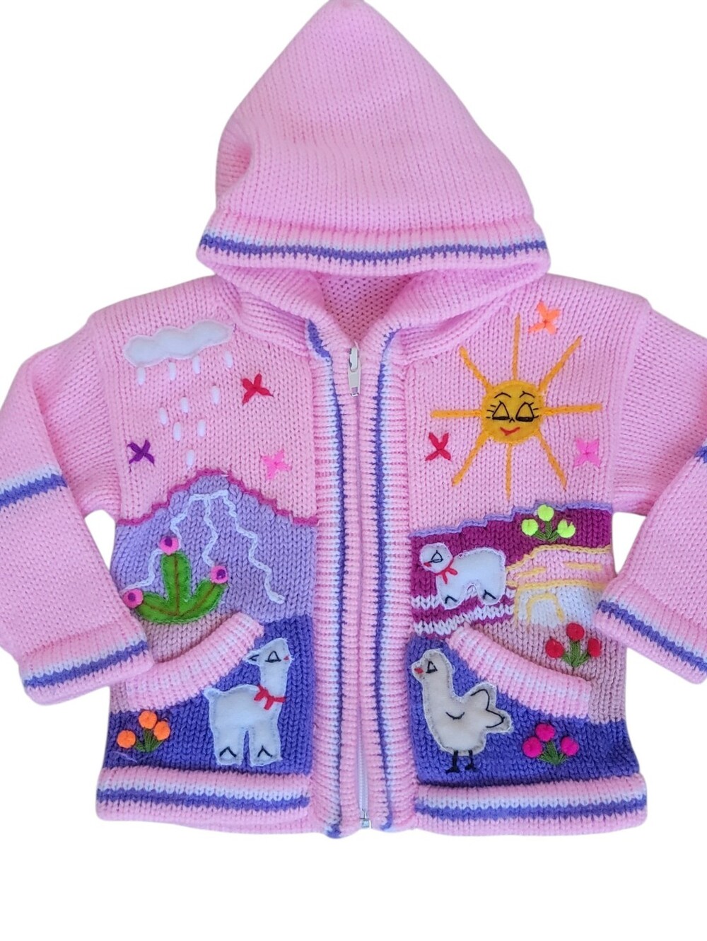 The Whisper Handicrafts Girls 100% Wool Llama Zip Hoodie Pink Size 18-24M / 2T